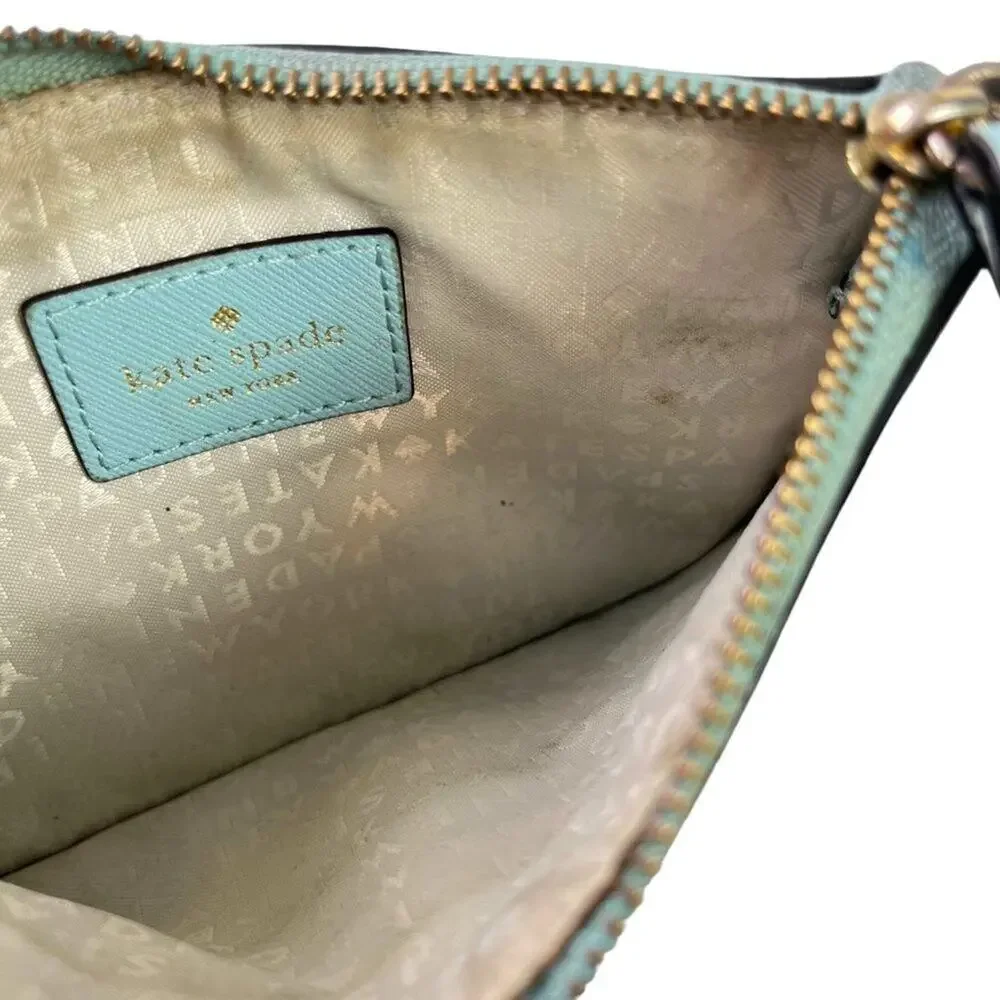 Kate Spade New York Aqua Blue Wristlet Coin Purse 100% Cow Hide Genuine Leather